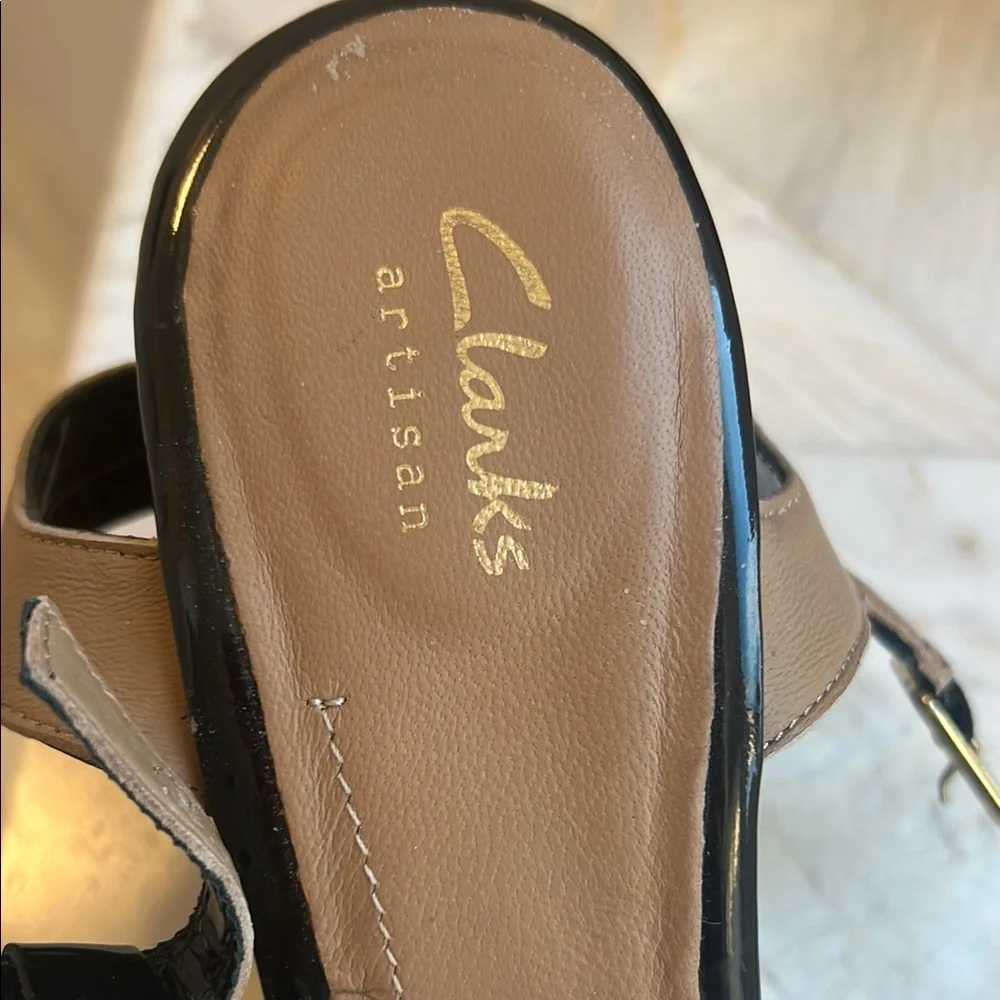 Clarks Black Wedge Escadrille Sandals with Ankle Straps and Cut-Out Design